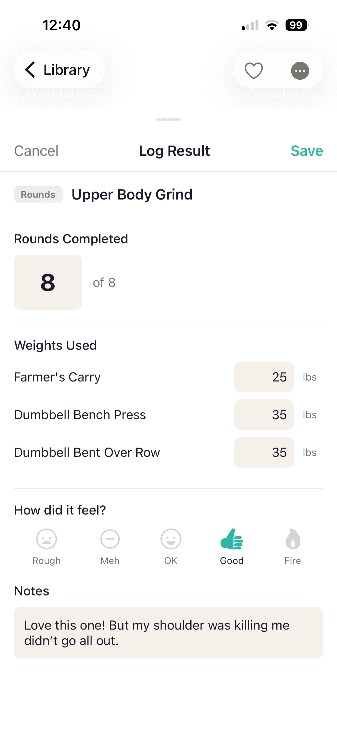 Workout log and progress tracking
