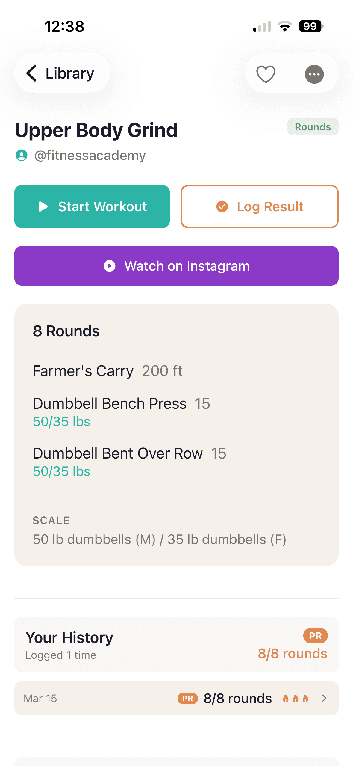 Workout details view